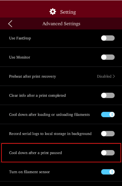 Cool down after a print paused setting